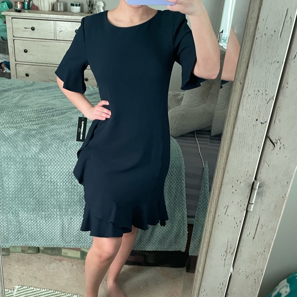 NWT Karl Largerfeld Navy Blue Ruffle Dress - Picture 8 of 13